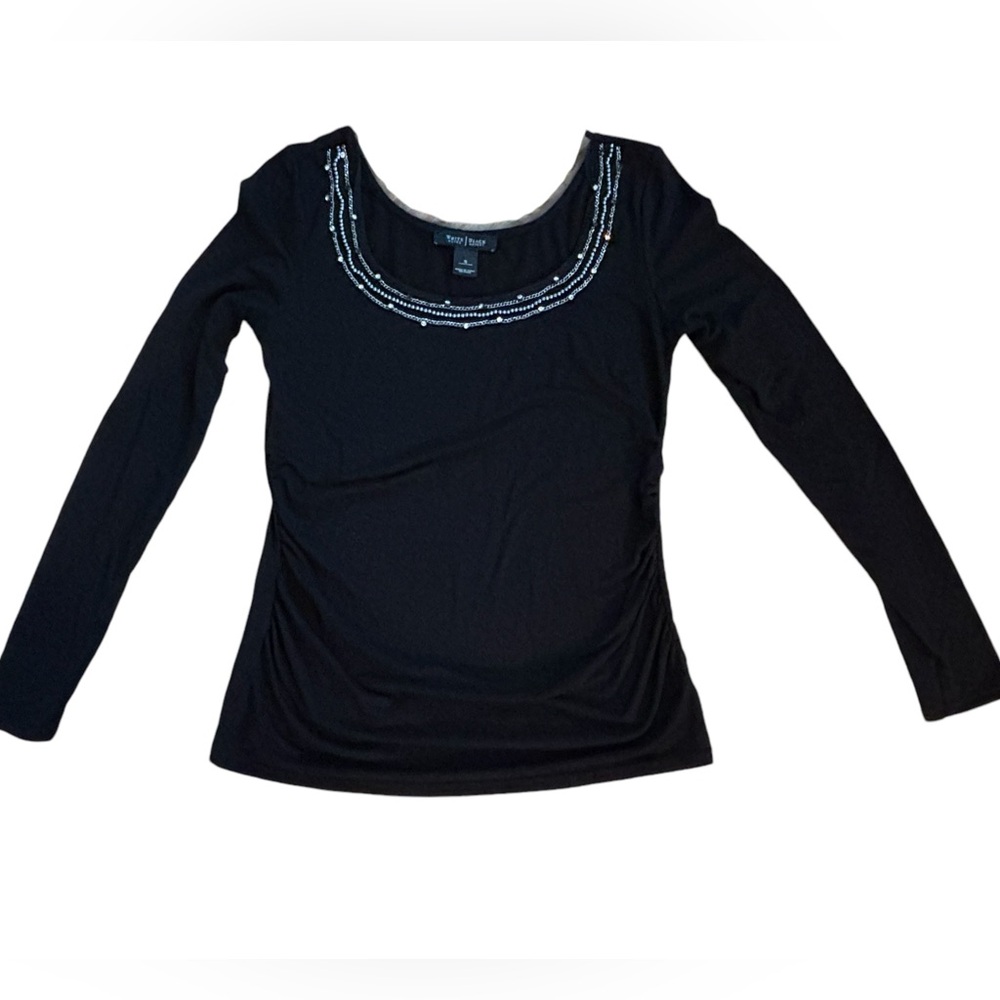 WHBM Holiday Top - Beaded, Sparkly Long Sleeve Tee With Ruching - Size S
